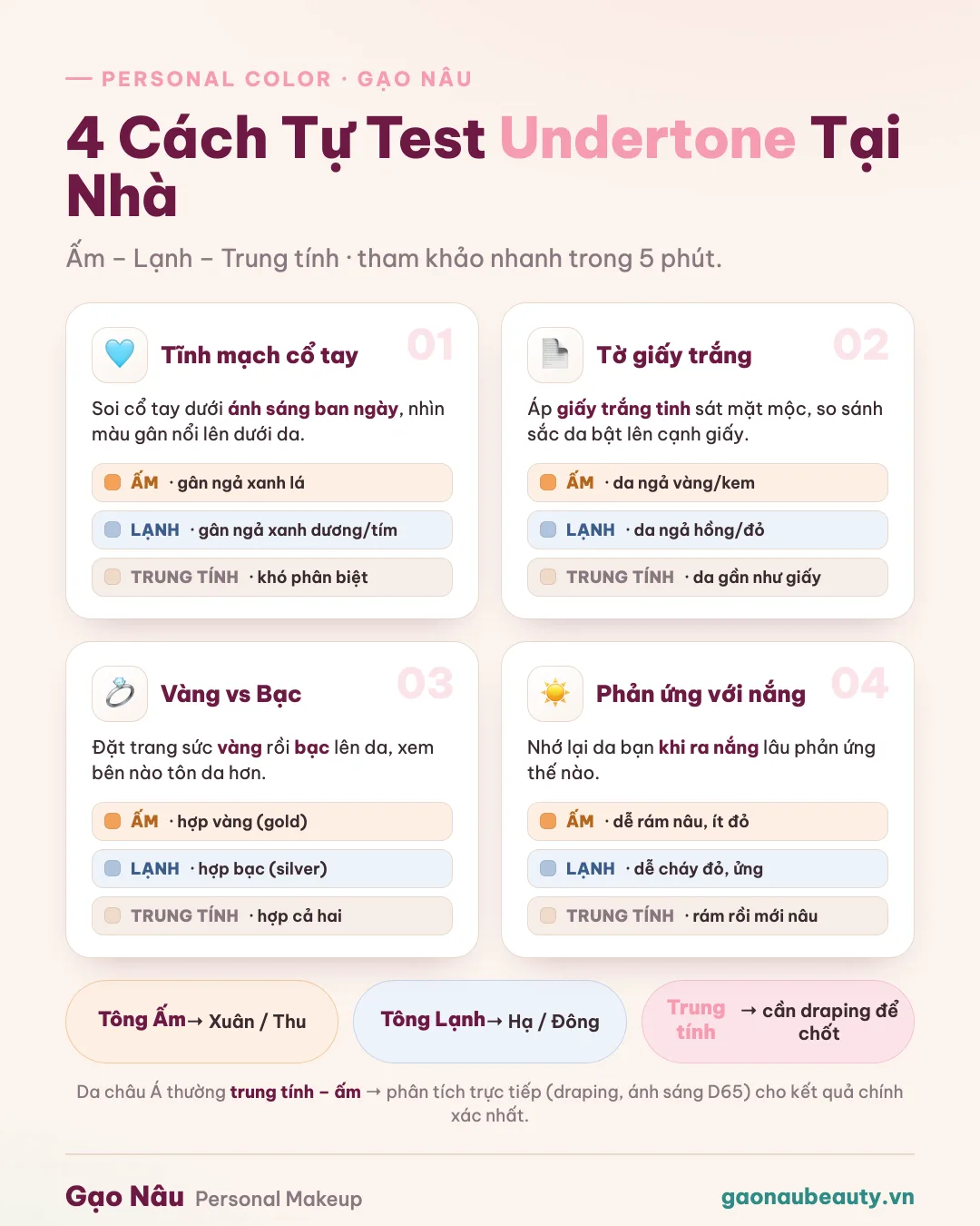 4 cách tự test undertone da tại nhà: soi tĩnh mạch cổ tay, áp giấy trắng, ướm vàng hay bạc, xem phản ứng với nắng