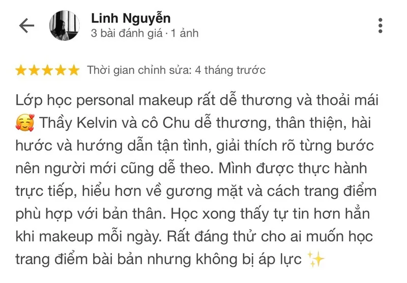 Feedback của học viên Trang Tran về cô Chu và lớp makeup cho người mới.
