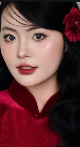 Layout beauty áo đỏ với điểm nhấn mắt và môi rõ nét.