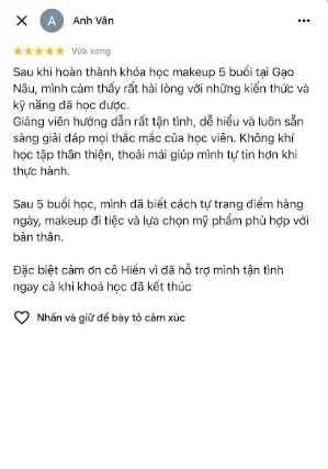 Feedback Anh Vân sau khóa học makeup 5 buổi tại Gạo Nâu.