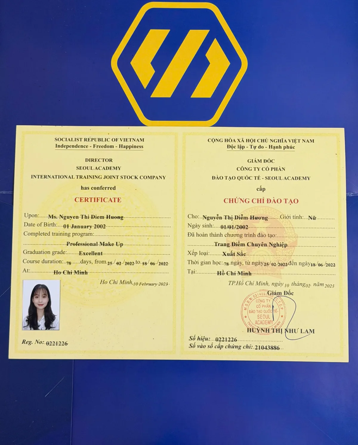 Chứng chỉ Seoul Academy của Hương Nguyễn