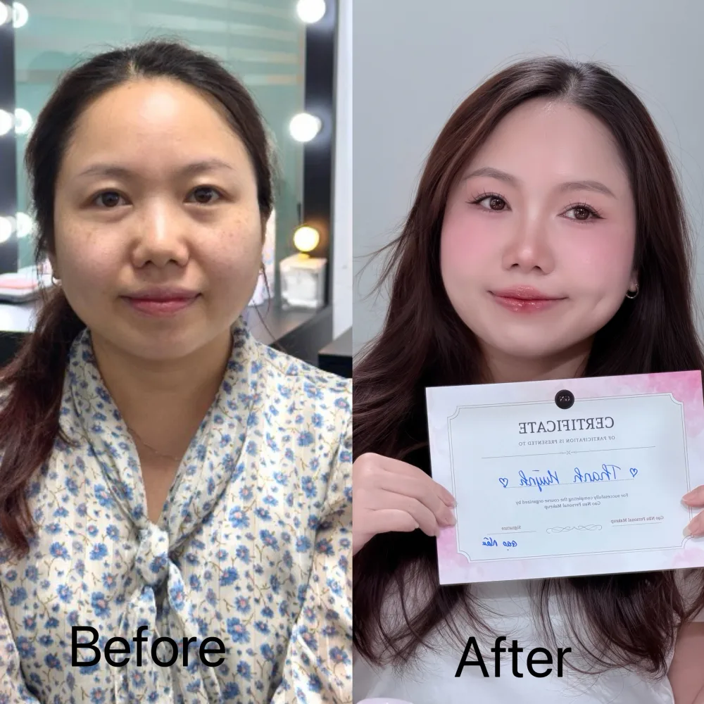 Before / After học viên: sửa nền, tóc và tổng thể gương mặt sau buổi thực hành.