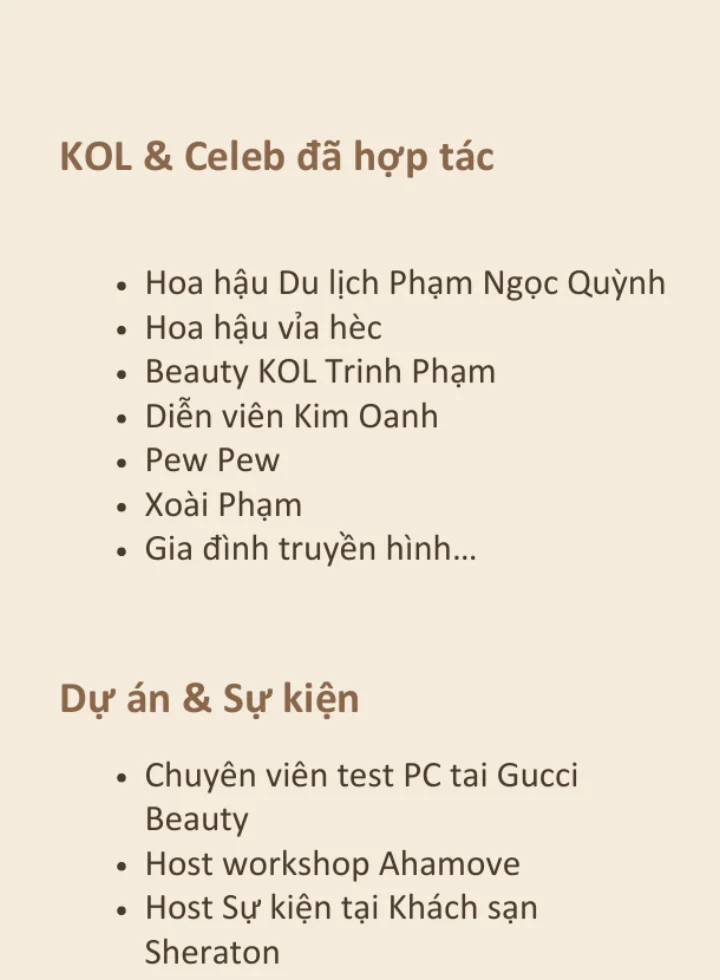 Danh sách KOL / Celeb trong hồ sơ trong hồ sơ năng lực của Hương Trịnh