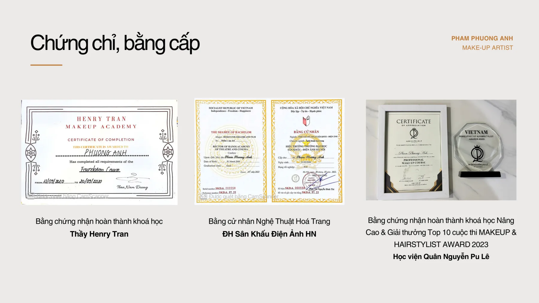 Chứng chỉ và bằng cấp của Phạm Phương Anh